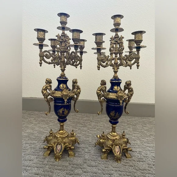 Pair Italian Cobalt & Gilt Rococo 5-Light Candelabra – Brevettato - Picture 2 of 16